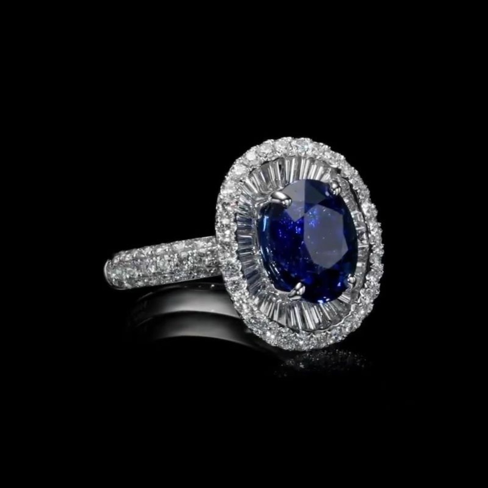 Halo Oval Cut Vivid Blue Sapphire Engagement Ring 925 Sterling Silver